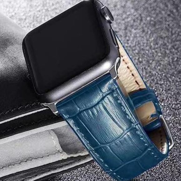 NEW Genuine Crocodile Leather Apple Watch Band Blue/Silver - Picture 3 of 4
